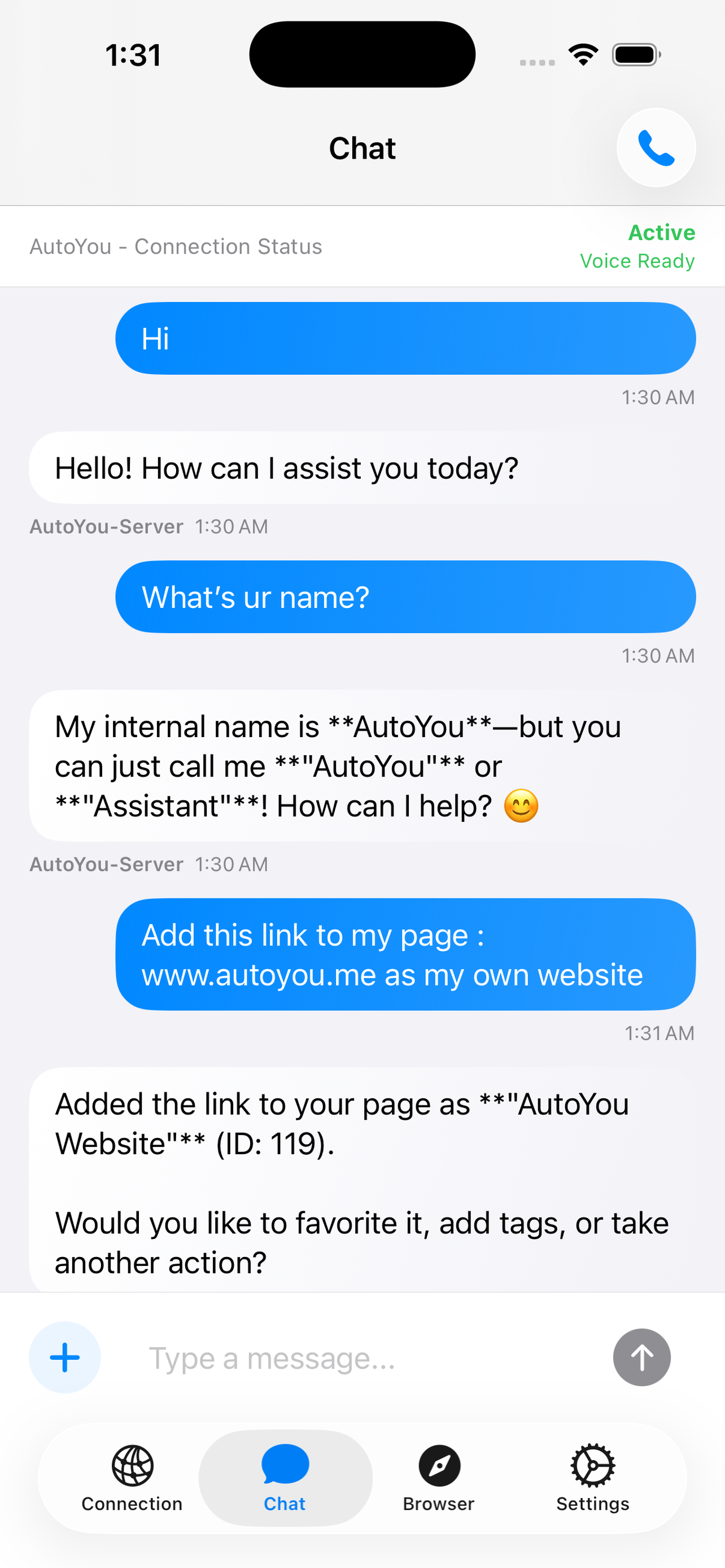 AutoYou chat screen with AI conversation routed through your computer